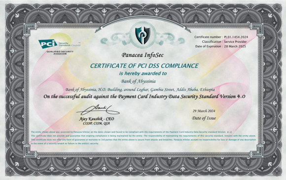 COC_ Bank of Abyssinia_ PCI_v4.0_2024-1 The First Bank in Ethiopia to acquire PCI DSS v4.0 – Level 1